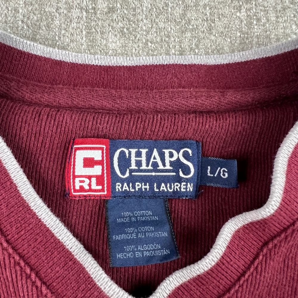 Chaps Ralph Lauren Pullover Mens Large Burgundy V-Neck Ribbed Striped Sleeve Y2K - Picture 2 of 6